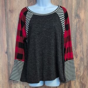 Haptics Plaid and Striped Long Sleeve Top L              M571